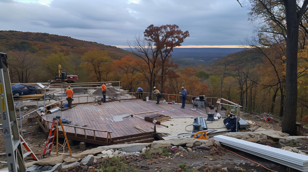 A crew works on a deck design and installation