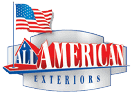 Logo for All American Exteriors featuring a waving American flag on a pole, a red and blue house roof design, and bold red and white text reading "All American Exteriors.