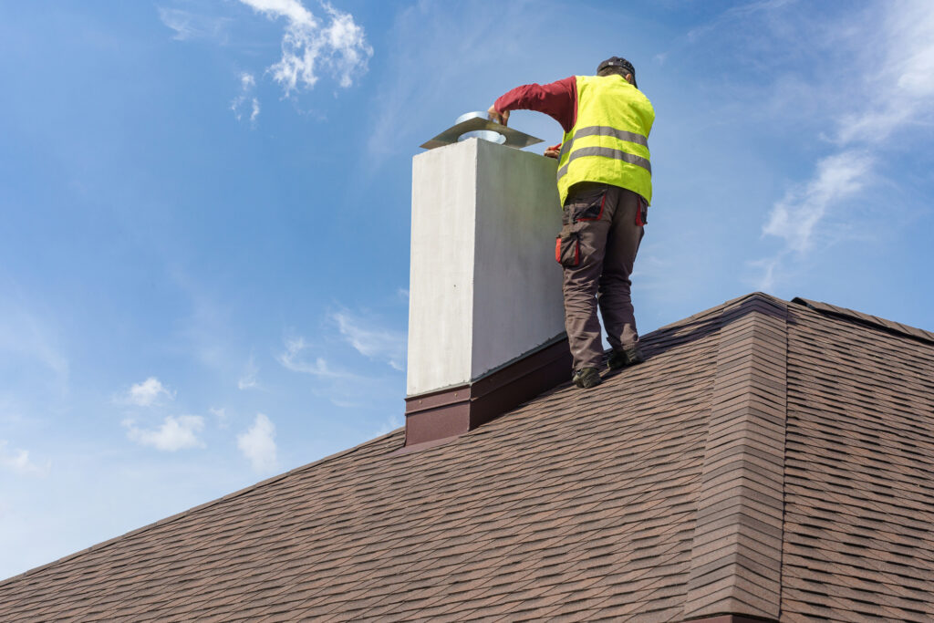 A worker in a yellow safety vest stands on a sloped shingle roof, inspecting or repairing a white chimney against a blue sky with scattered clouds.