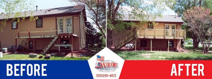 Side-by-side "before" and "after" photos of a house; the "before" shows a small, basic back deck, while the "after" shows a larger, upgraded wooden deck with railings. "All American Exteriors" logo is in the center.