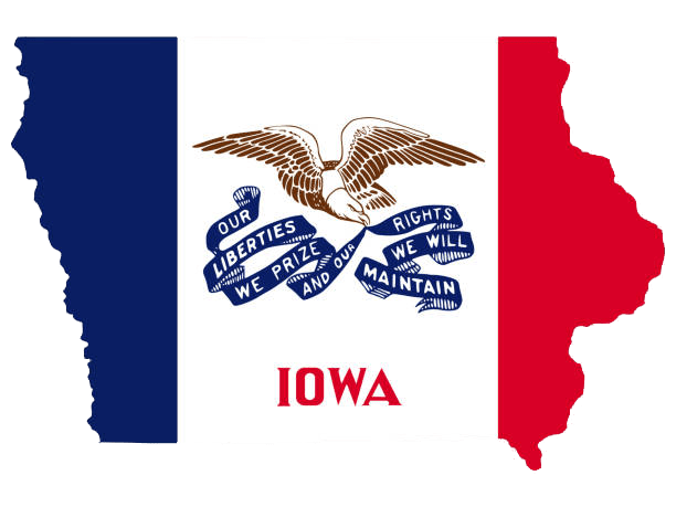 Outline of Iowa filled with the state flag: vertical blue, white, and red stripes, a brown eagle holding a blue ribbon with the motto, and “IOWA” written below in red letters.
