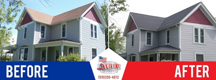 Side-by-side photos of a two-story house. The "before" image shows an older brown roof, while the "after" image shows a new dark gray roof. A logo and phone number are at the bottom center.