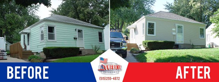 Side-by-side comparison of a small house before and after renovation: the "before" on the left shows green siding; the "after" on the right shows beige siding and updated landscaping. "American" and a phone number appear below.