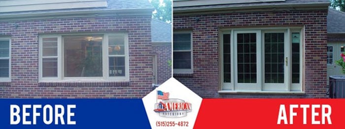 Side-by-side comparison of a brick house window before and after renovation; the left shows a standard window, the right shows larger French doors with multiple glass panes.