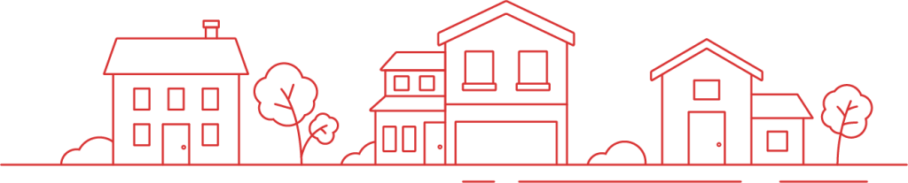 Simple red line drawing of four houses of varying sizes, with doors, windows, trees, and bushes, arranged in a row on a white background.