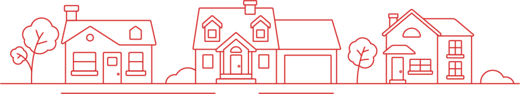 Simple red line drawing of four houses of varying sizes, with doors, windows, trees, and bushes, arranged in a row on a white background.